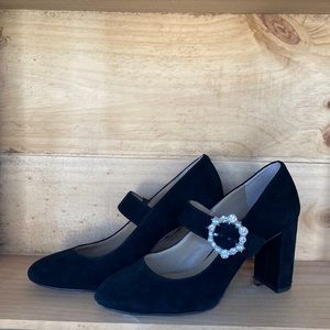 Black suede Mary Janes with pearl and Rhinestone buckle